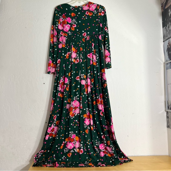 Vintage Leslie J Dress Size 9/10 Green Pink Floral Maxi Modest 70’s Mod Forest - Picture 2 of 10